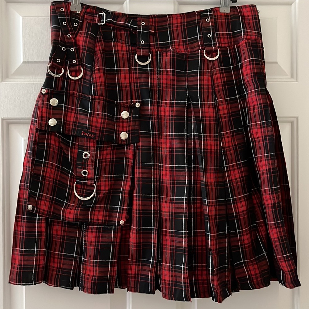 Down from $240TRIPP midi skirt plaid w/pockets, snaps, zippers, pleats, grommets - Picture 1 of 16